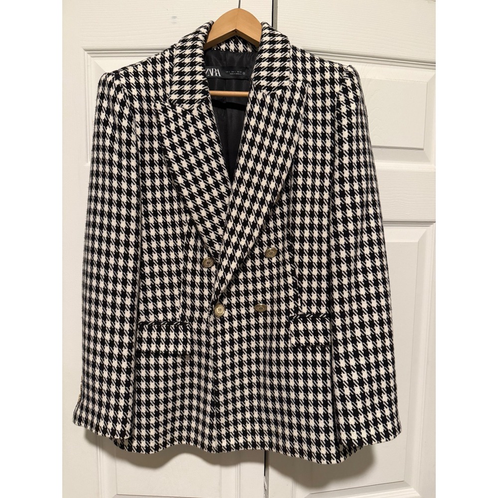 Zara Houndstooth Double Breasted Blazer Black White Gold Button Jacket Large - Picture 5 of 13